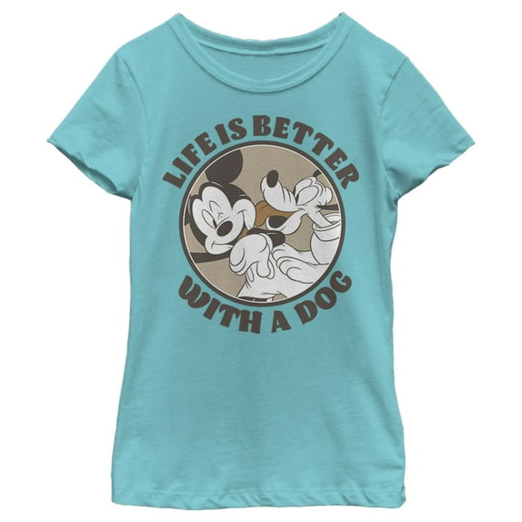 Girl's Mickey & Friends Mickey and Goofy Life is Better with a Dog Graphic Tee Tahiti Blue X Small