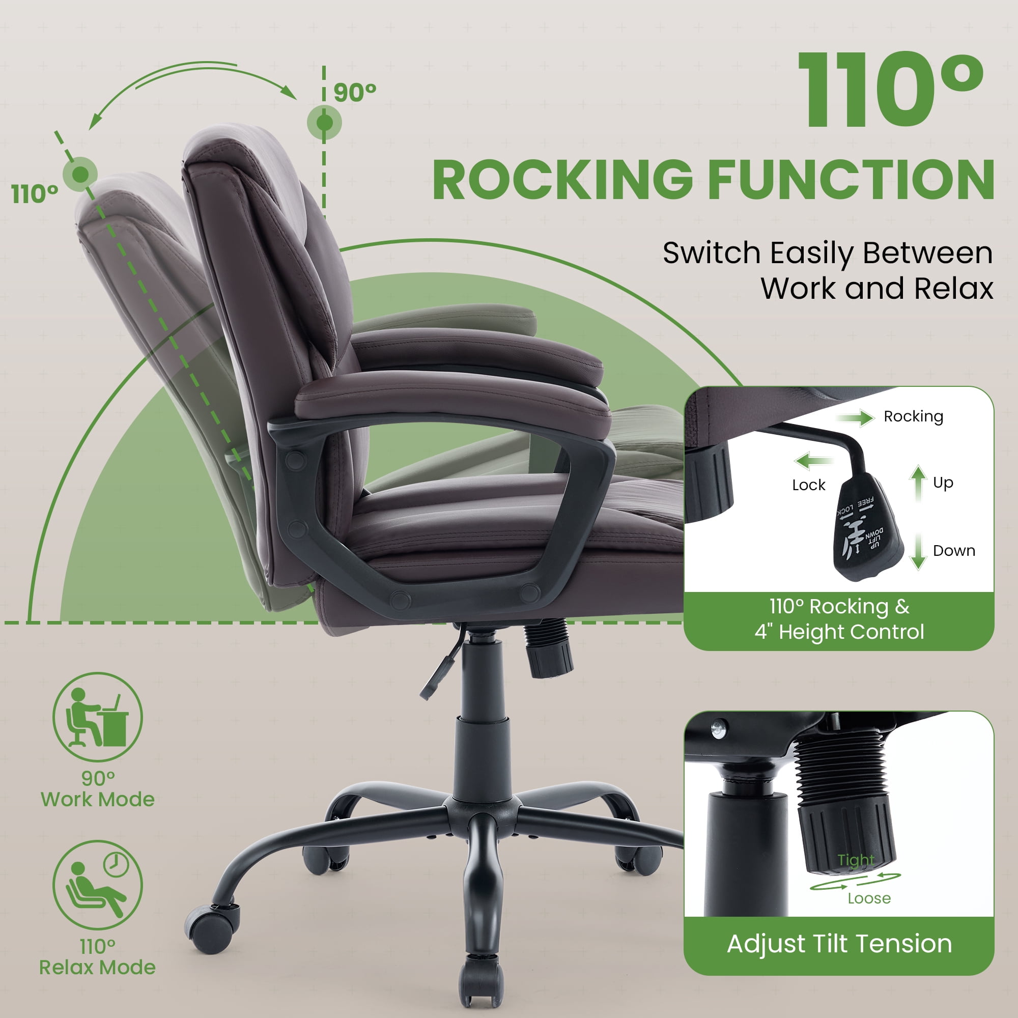 JONPONY Leather Office Chair, Big and Tall 400lbs Ergonomic Desk Chairs with Back Support, Executive Leather Chair with Wheels for Home Office, 360°Swivel Free, Brown