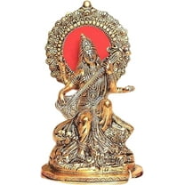 Gold Plated Maa Saraswati Metal Statue Hindu Goddess Decorative Showpiece Religious Idol Gift