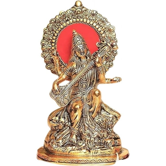 Gold Plated Maa Saraswati Metal Statue Hindu Goddess Decorative Showpiece Religious Idol Gift