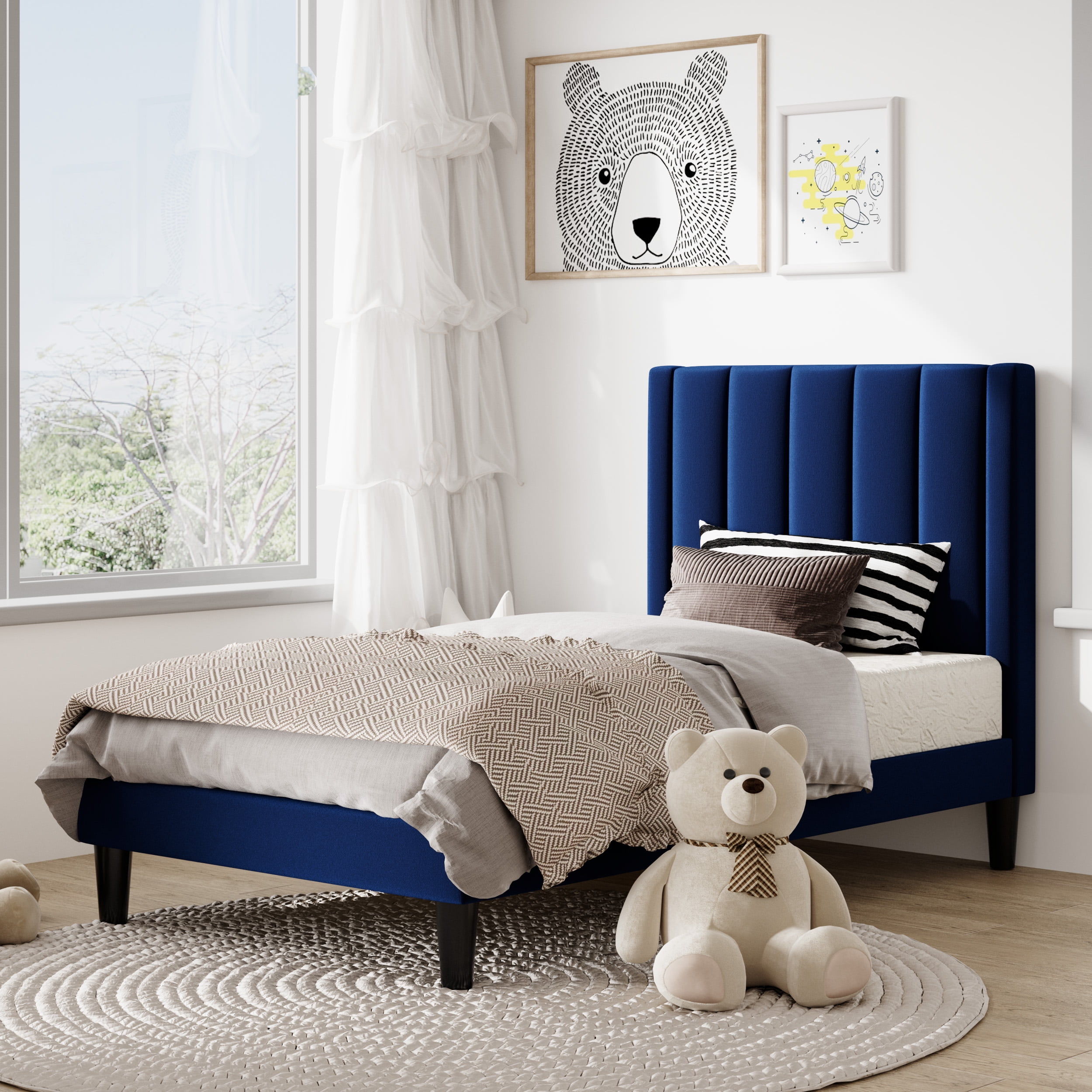 Amolife Twin Bed Frame, Upholstered Bed Frame with Velvet Vertical Channel Tufted Headboard, Blue