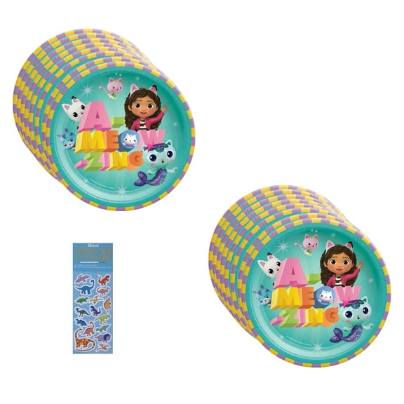 Amscan Gabby's Dollhouse Party Supplies Bundle, 16 Dessert Plates 7" & 1 Dinosaur Sticker Sheet