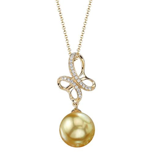 Radiance Pearl 18k Yellow Gold Golden South Sea Pearl 1 10ct TDW Diamond Pendant (9-10 mm) by Overstock