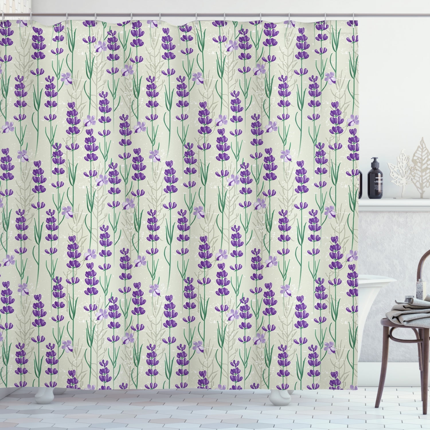 Lavender Shower Curtain, Botanical Pattern with Fresh Herbs