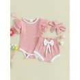 thumbnail image 2 of JYYYBF Baby Girls Summer Outfits Contrast Colors Ribbed Short Sleeve Romper and Shorts Cute Headband 3 Piece Clothes, 2 of 8