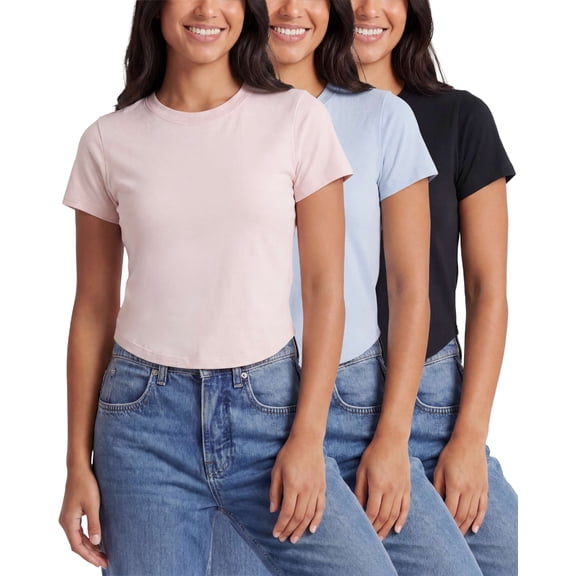 Real Essentials 3 Pack: Women's Cropped Cap Sleeve T Shirts Cotton Crew Neck Short Sleeve Tees Casual Going Out Summer Tops
