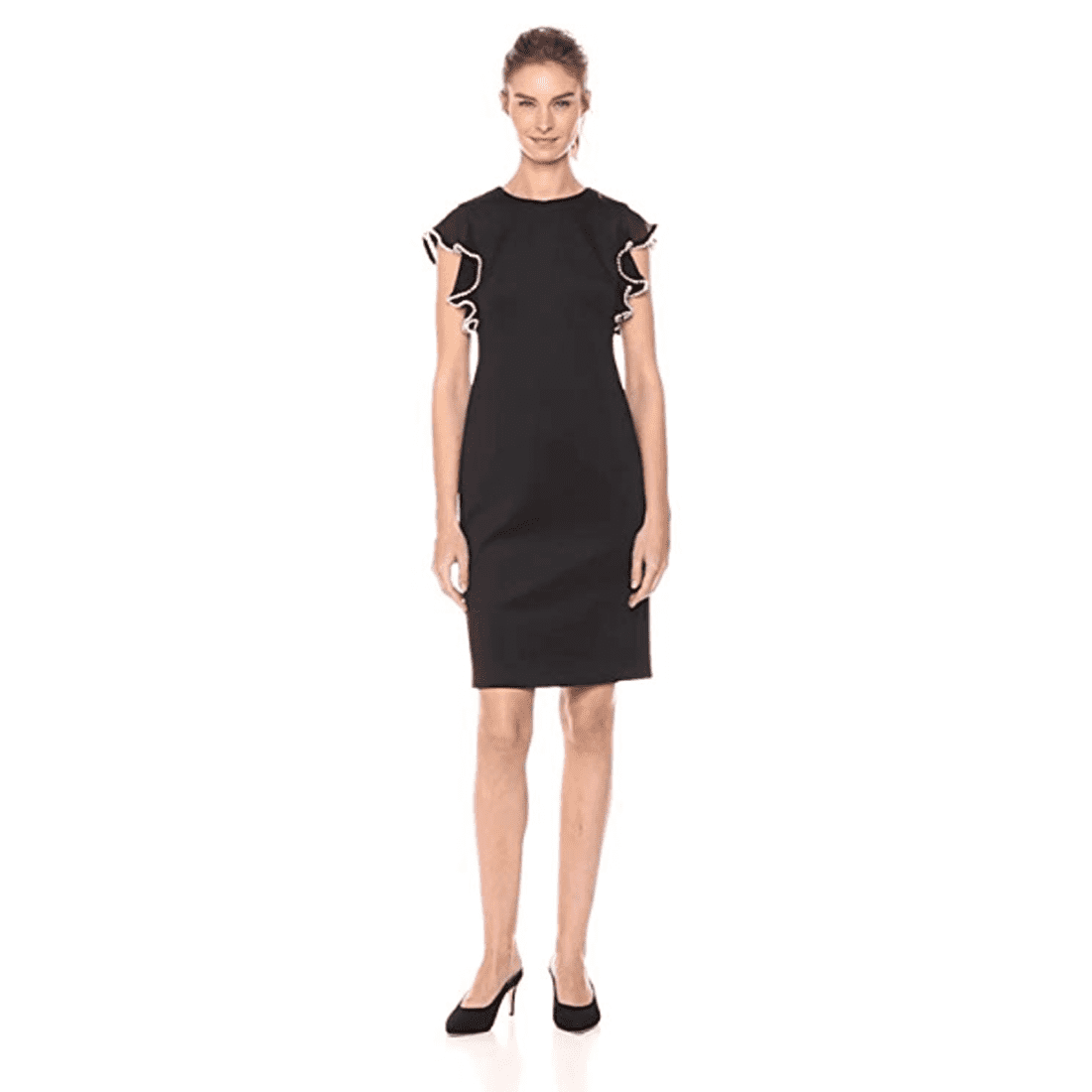 Calvin Klein Solid Sheath with Pearl Detailed Flutter Sleeve Dress, Black 2  