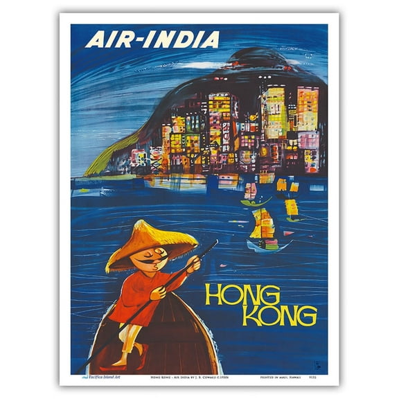 Hong Kong Maharajah - Air India - Vintage Airline Travel Poster by J. B. Cowasji c.1950s - Master Art Print (Unframed) 9in x 12in