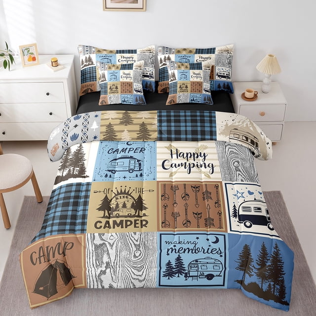 YST Happy Camping Bedding Set Twin Rv Camper Comforter Set 7 Piece For Travel Trailers Bunks,Rustic Buffalo Plaid Pine Trees Camper Car Decor Bed In A Bag Rv Accessories For Inside Bed Set