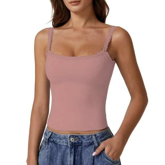 yunLCZ Square Neck Tank Top Lace Top Double Lined Sexy Tank Top Spaghetti Strap Club Shirt Square Neck Sexy Vest Summer Sleeveless Tops