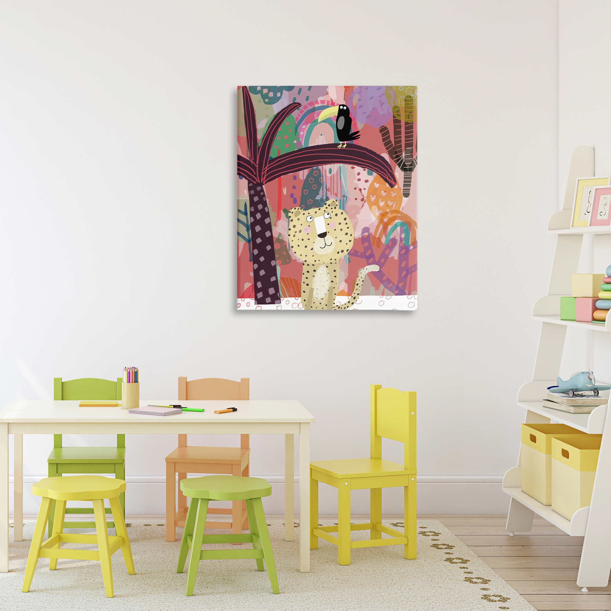 Whimsical Cheetah & Toucan Canvas Wall Art, design by Carla Daly