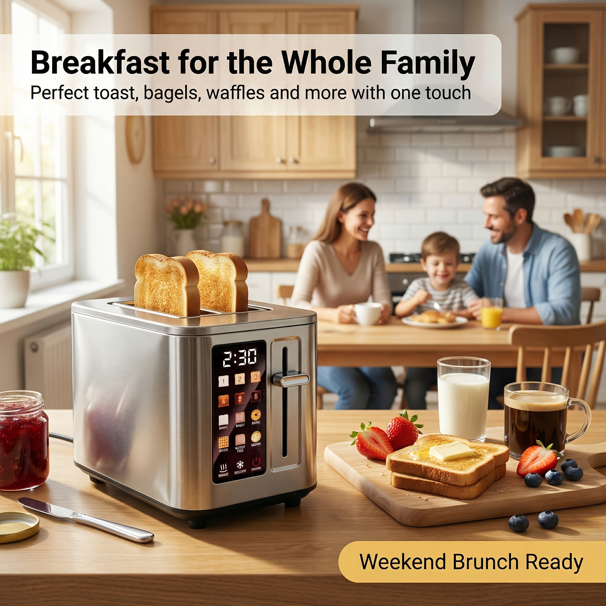 2-Slice Digital Touchscreen Toaster, 6 Bread Types & Toasting Levels, Widened Slots, Removable Crumb Tray, Compact & Easy-Clean