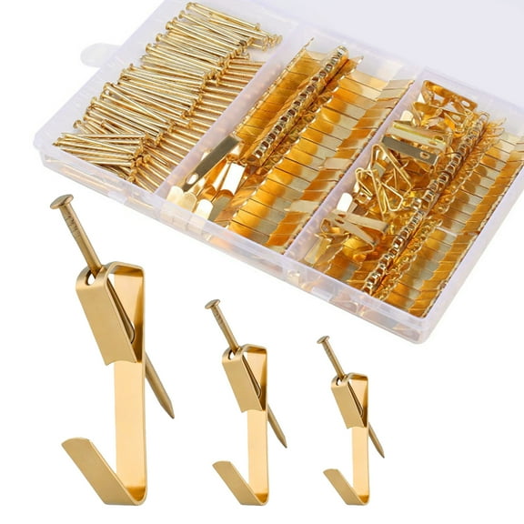 GoXteam 184Pcs Picture Hangers, Heavy Duty Photo Picture Hanging Kit Holds 20/30/50lbs, Picture Hooks with Nails, on Drywall Wooden Wall, Gold