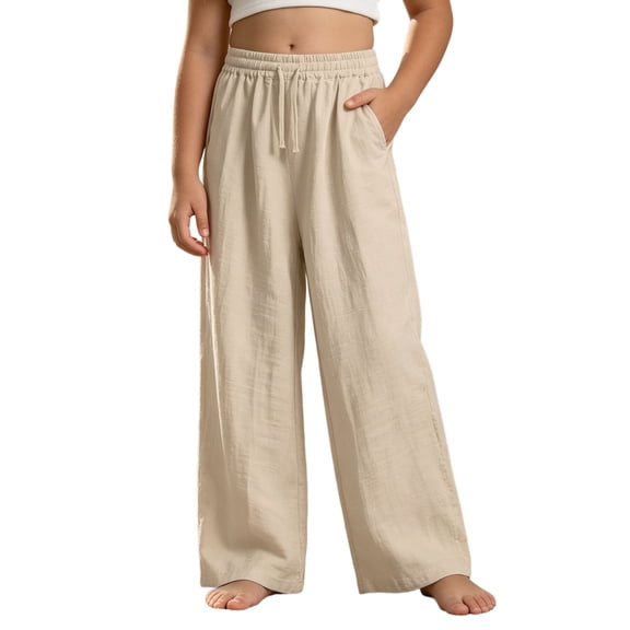 Ticikt Girls Solid Wide Leg Pants, Drawstring Elastic Waist Casual Loose Fit Long Trousers with Side Pockets for Kids,Beige