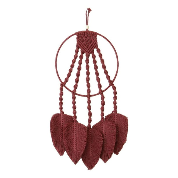 Tapiz de pared bohemio de macramé, cuerda tejida, atrapasueños, arte para decoración del hogar Vino rojo