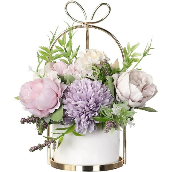Artificial Flowers Hydrangea with Ceramic Vase Silk Chrysanthemum Mini Potted Fake Flowers Hanging Potted Plants for Wedding Home Office Decoration Pack of One (White)