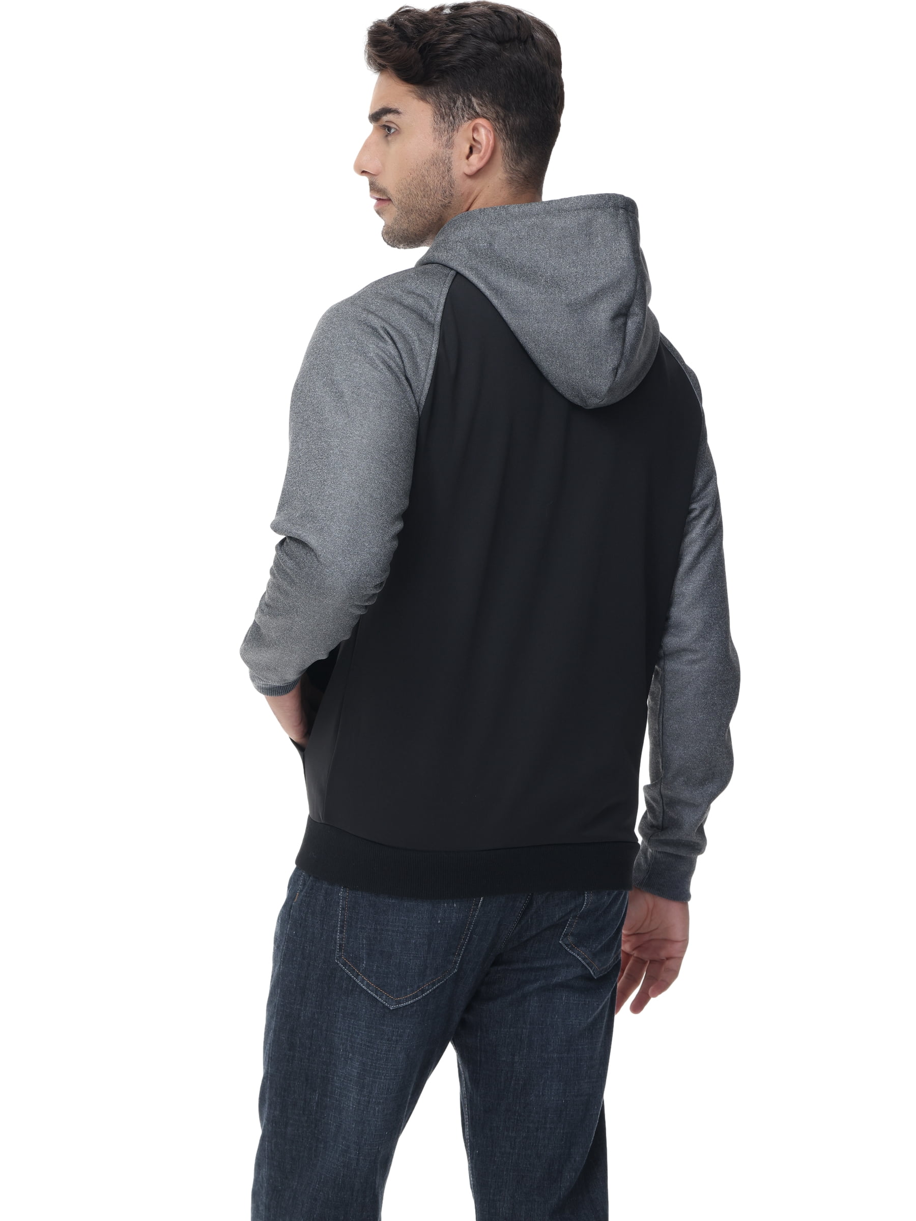 Weilanxin Men's Color Block Pullover Fleece Hoodie Casual Hooded Sweatshirts Tops Full Zip Jacket with Pocket Athletic Hoodies For Men Dark Grey Contrast Black M