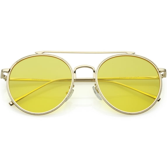 sunglassLA Unisex Modern Metal Crossbar Slim Temple Colored Flat Lens Round Aviator Sunglasses 54mm (Gold / Yellow) - 54mm