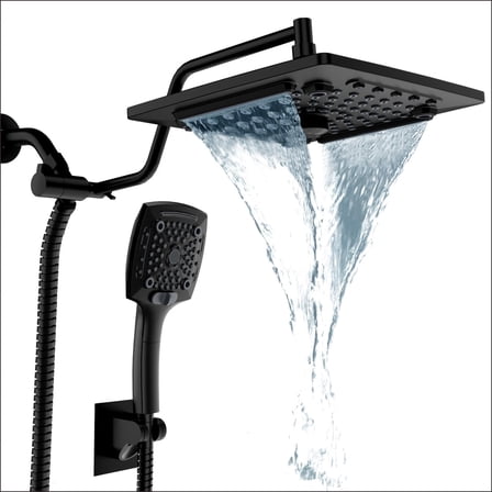 AUKTOPT Rainfall 5-Modes Spary 10 Inch Wall-Mount Showerhead Handheld Shower, Shower Head Combo with 60 Inch Hose, Extension Arm, Matte Black