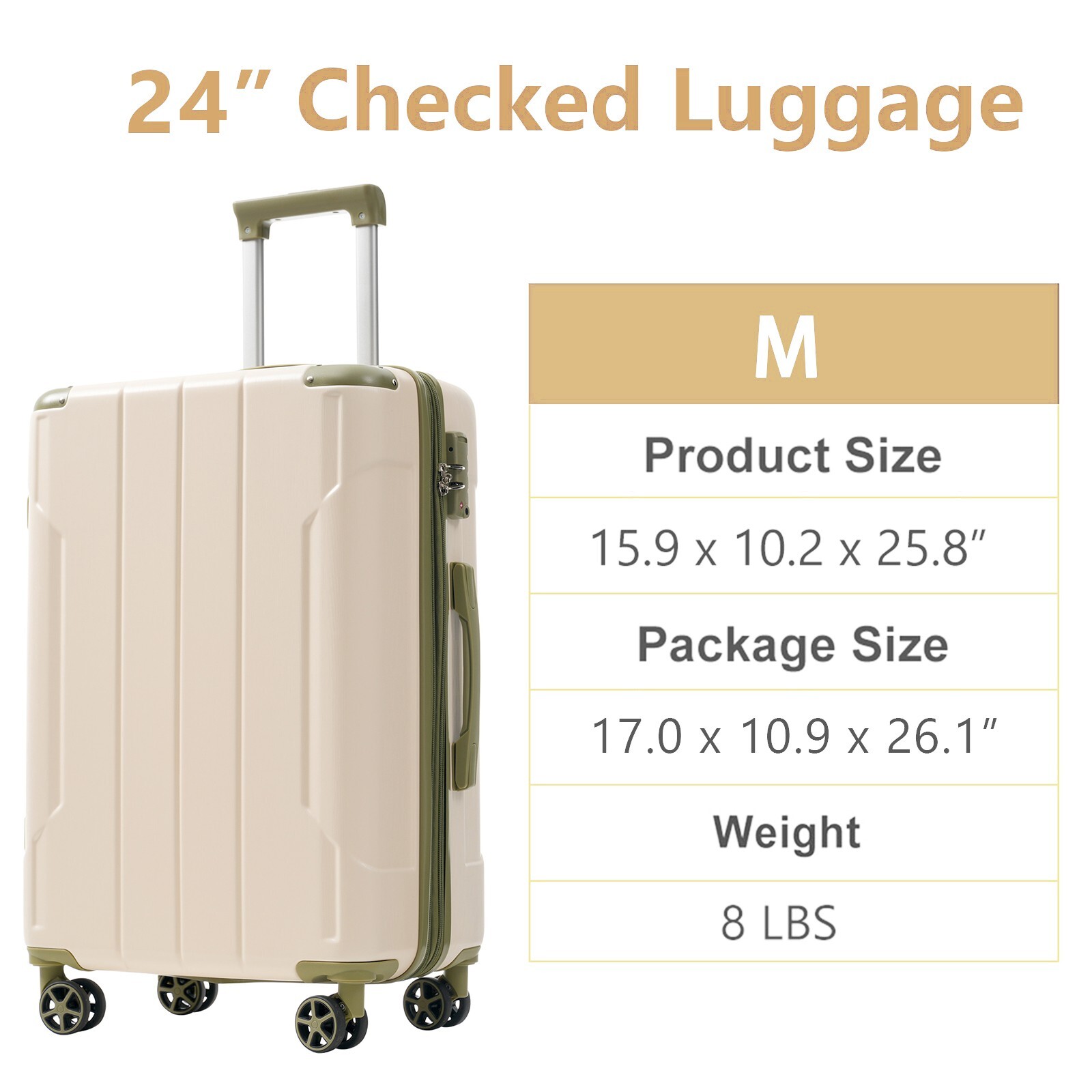 EUROCO 24" Hardshell Checked Luggage, ABS Expandable Suitcase with TSA Lock and Double Spinner Wheels,Lightweight Durable luggage,White Green