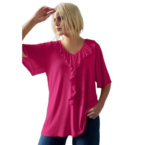 Ellos Plus Size Stretch Knit V-Neck Ruffle Front Tunic