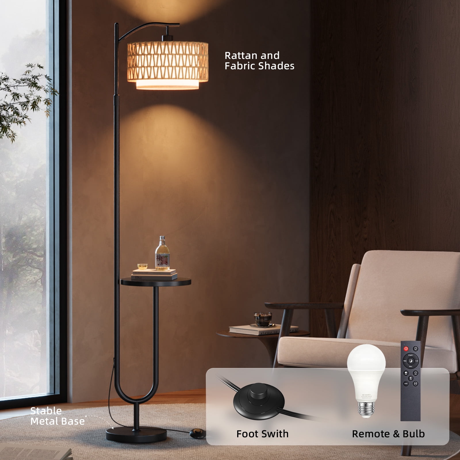 Fenbeli Floor Lamp with Table for Living Room, Dimmable LED Standing Lamp with Shelf, Tall Modern Reading Lamp