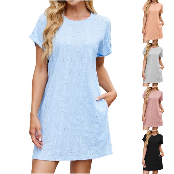 Fengqque Women's Summer Mini Dress Round Neck Rolled Short Sleeve Eyelet Mini Dress with Pockets Sky Blue 16-18(XL)