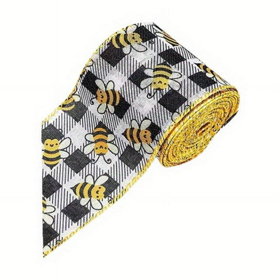 Bumble Bee Ribbon Wired Polka Dot Wired Edge Ribbon Bee Vertical Stripe Craft Ribbon Decorative Ribbon for Wrapping, Party Decoration, Hair Bows