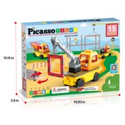 PicassoTiles 3-in-1 Magnet Tile Building Blocks – Crane, Dump Truck & Ladder Construction Vehicle with Car Base, STEM Toy for Kids