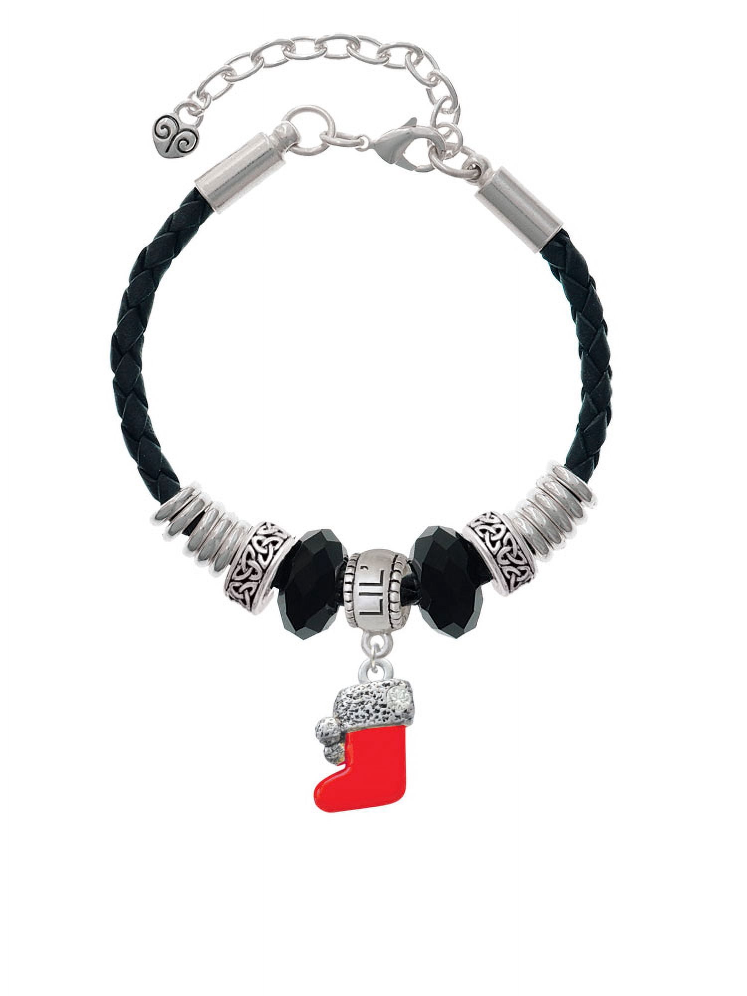 Delight Jewelry Silvertone 3-D Red Christmas Stocking Sister Celtic Knot Leather Bead Bracelet, 7"+2" Extender