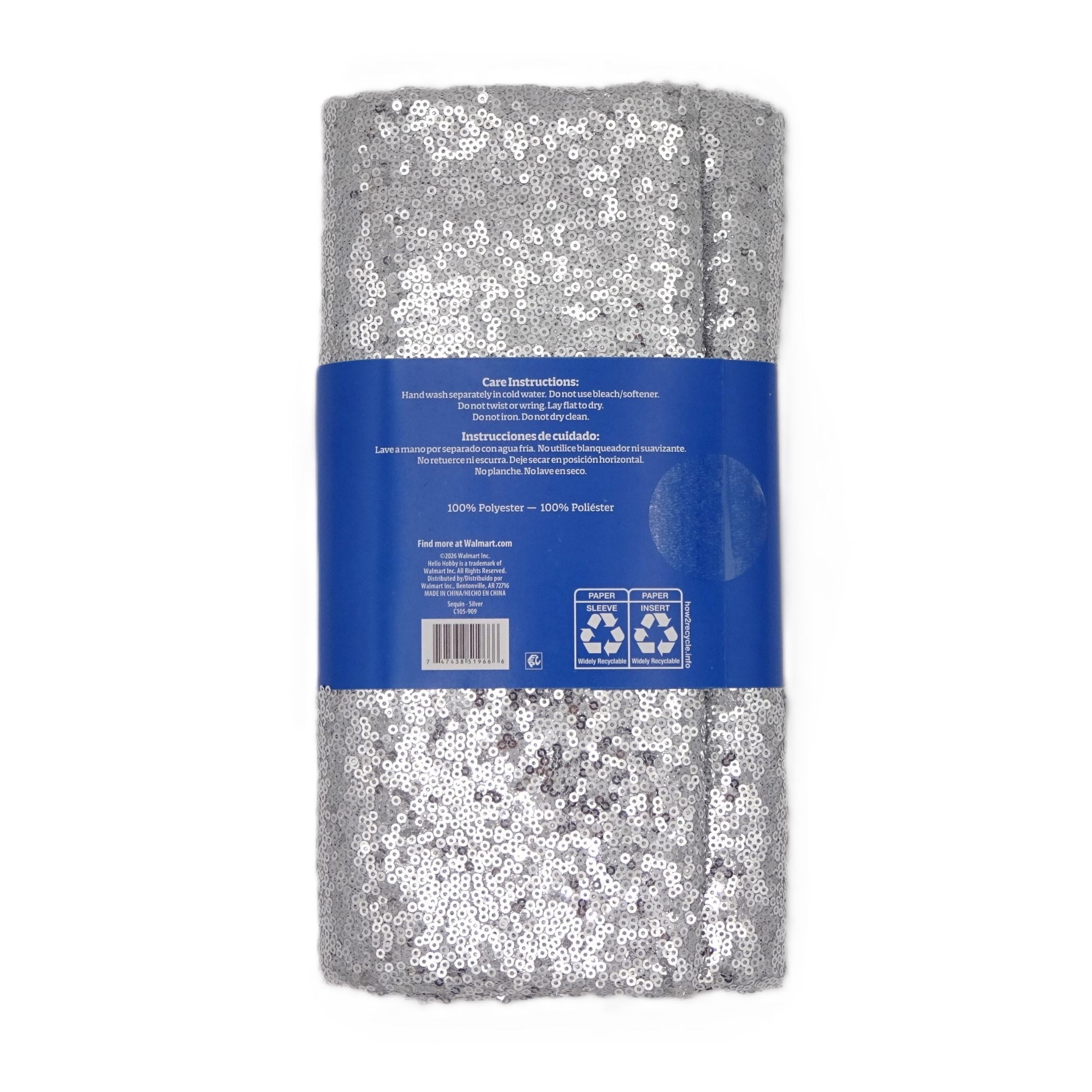 Hello Hobby 43” x 72” 100% Polyester Sequin 2 Yard Precut Fabric, Silver, 43" Wide for Sewing & Crafting
