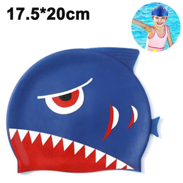 Swim Cap Kids-1 Pack Silicone Fun Swim Caps for Girls and Boys, Kids Swimming Hats with Cartoon Sharks-royal blue