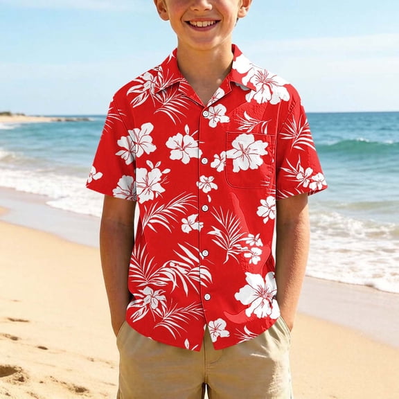 Xdegoge Boys Hawaiian Floral Printed Shirts Tropical Button Up Short Sleeve Tops Casual Holiday Beach Summer Tees