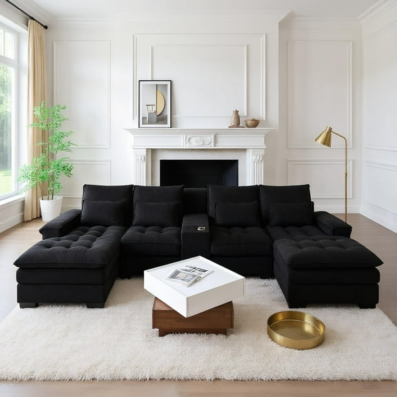 130" U-Shaped Modular Sectional Fluffy Couch, Oversized Cloud Couches with Storage Console & Cup Holders, Linen Sofa with Chaise/Pillows, Deep Seat & Doll-Cotton Sofa Couches for Living Room