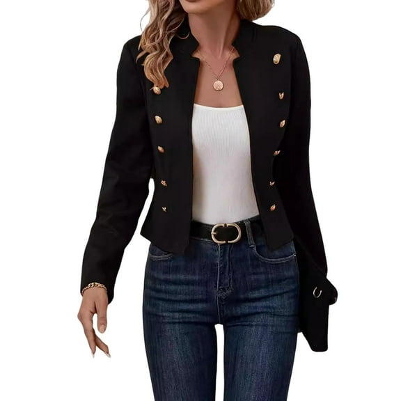 Women Jacket Stand Collar Long Sleeve Double Breasted Short Suit Coat Solid Color Business Outerwear