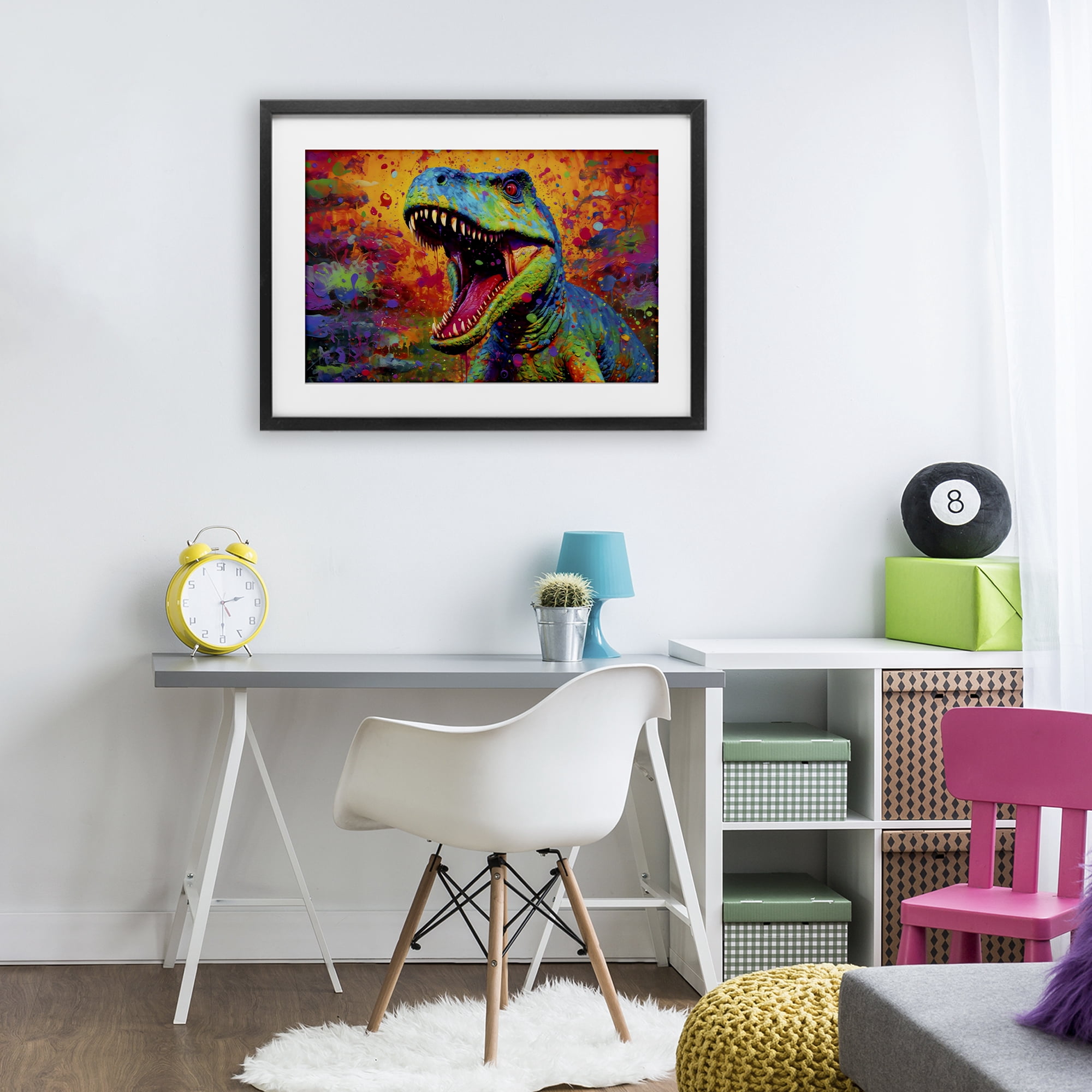 Stupell Industries Colorful T-Rex with Splatter Black Framed Print Under Glass, design by Creative Studio