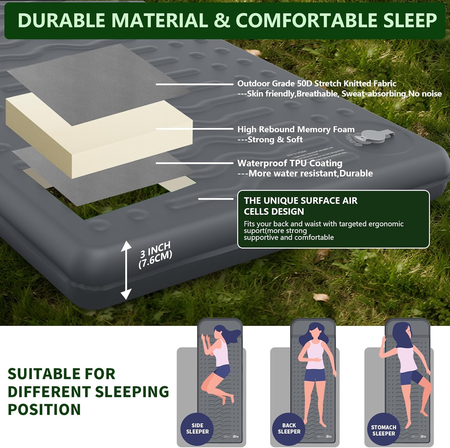 Memory Foam Sleeping Pad, Compact 3 Inch Thick Camping Mattress with Pillow, 9.5 R-Value Insulated Inflatable Sleep Mat for Backpacking Hiking Car Tent