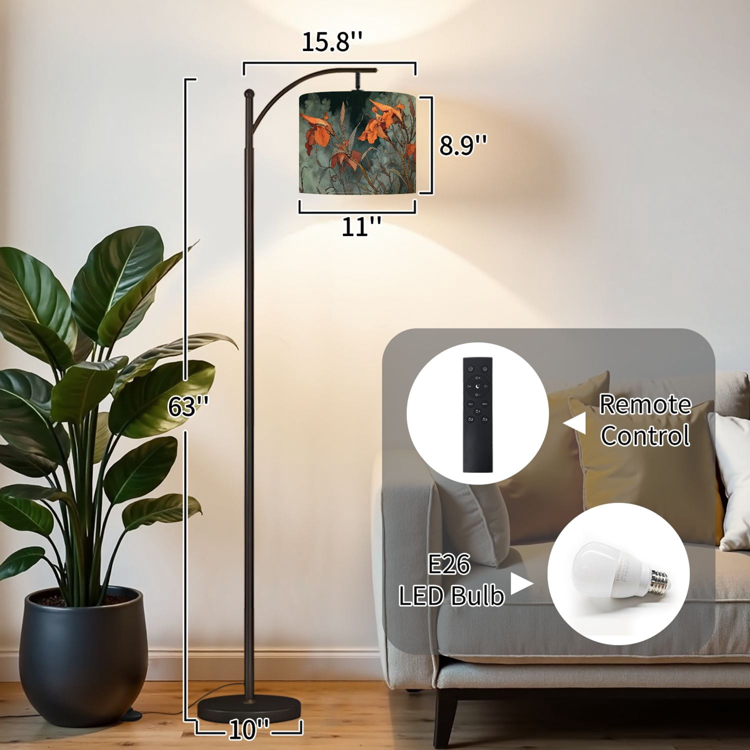 Arc Floor Lamp with Adjustable Lampshade Mystical Flower Cascading Blooms Curled Tendrils Standing Lamp 3 Color Temperatures Dimmable Tall Pole Lamp with Foot Switch for Bedroom