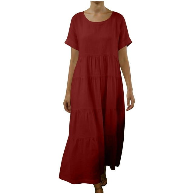 FRSASU Robe en Coton et Lin pour Femme à Manches Courtes, Col Rond, Robe Maxi Bohème, Décontractée, Été, Modeste, Longue et Fluide, Plage, Vacances, Rouge, TTG (TTG)