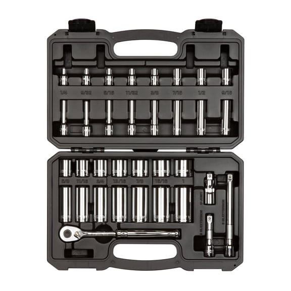TEKTON 3/8 Inch Drive Shallow and Deep 6-Point Socket and Ratchet Set with Case, 34-Piece (1/4 - 1 in.) | SKT15101