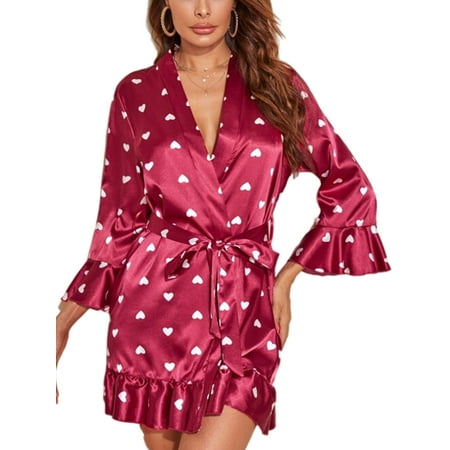 

Avamo Ladies Floral Print Loungewear Dress Heart Print Nightdress Ruffle Sleeve Home Robe for Nightwear Sleep Shirt