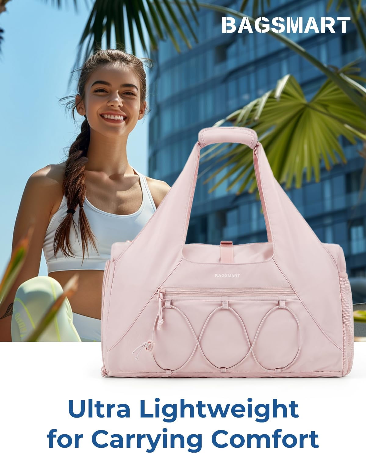BAGSMART Gym Bag for Women, Lightweight Duffel with Shoe Compartment, Weekender with Wet Pocket, Workout Yoga Tote, Pink