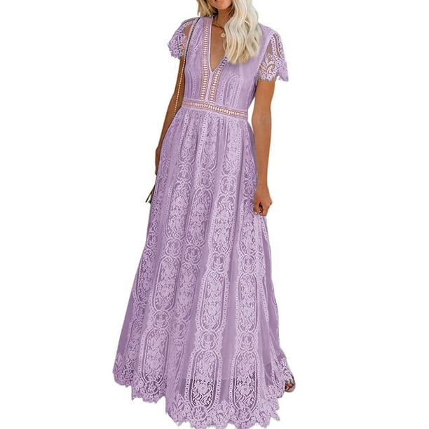 Asvivid Women's Maxi Dress Floral Lace V Neck Short Sleeve Wedding