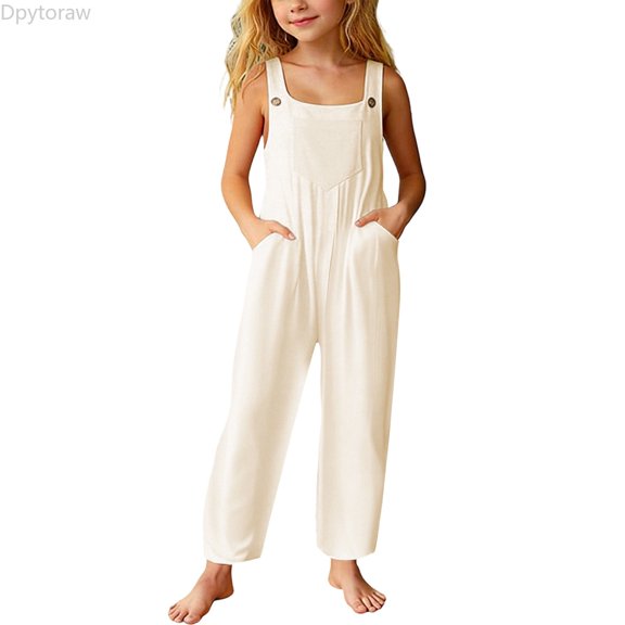 Dpytoraw Stylish Comfortable Girls Casual Pants, Loose Fit Pocket Pants with Overall Design for Everyday Play Beige Size 5-6 Years