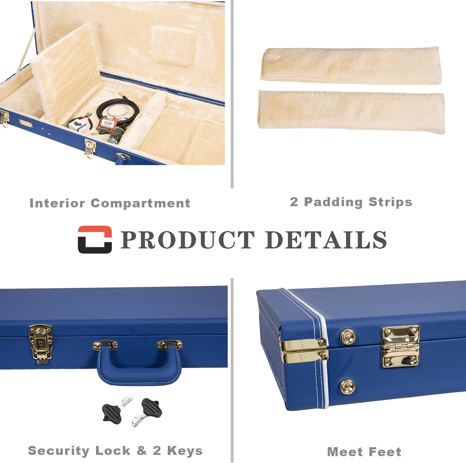 Crossrock Designer Series- Wooden Case for Jazzmaster/Jaguar Style Electric Guitars- Security Lock, Metal Feet, Storage Space- Vibrant Blue