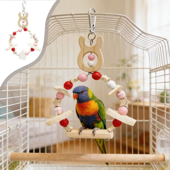 SLYNSHome Bird Chew Toys,Natural Wood Ring Toys Pink Parrot Hanging Cage Toy Bird Perch Stand for Small Bird