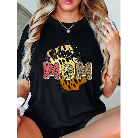 Retro Blessed Mom Graphic T-Shirt for Women, Leopard Print Animal Pattern Casual Short Sleeve Tee, Mothers Day Mama Gift Apparel Black