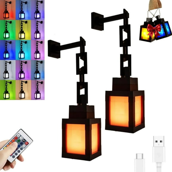 2Pcs Pixelated Lantern Night Light, 16 Colors Rechargeable LED Lamp with Remote, Retro Pixel Style Table/Wall Light for Bedroom Gaming Decor