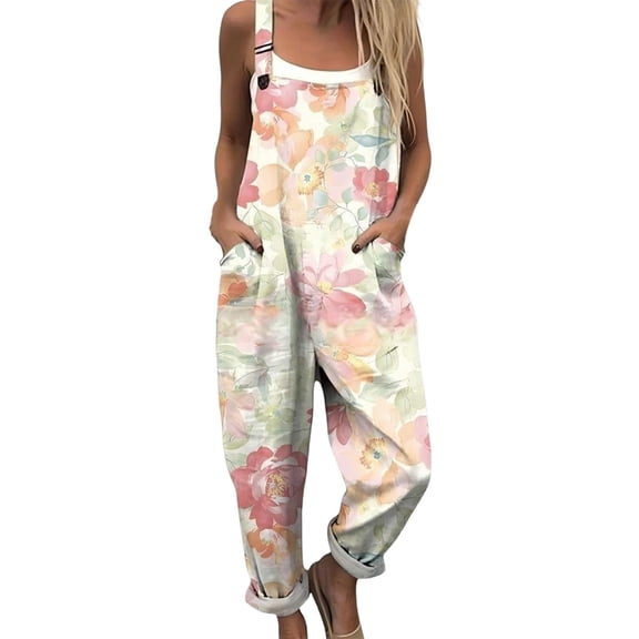 BODOAO Jumpsuits for Women Casual Square Neck Sleeveless Harem Overalls with Adjustable Straps and Pockets, Stretchy Loose Fit Summer One Piece Romper Outfit Blue L