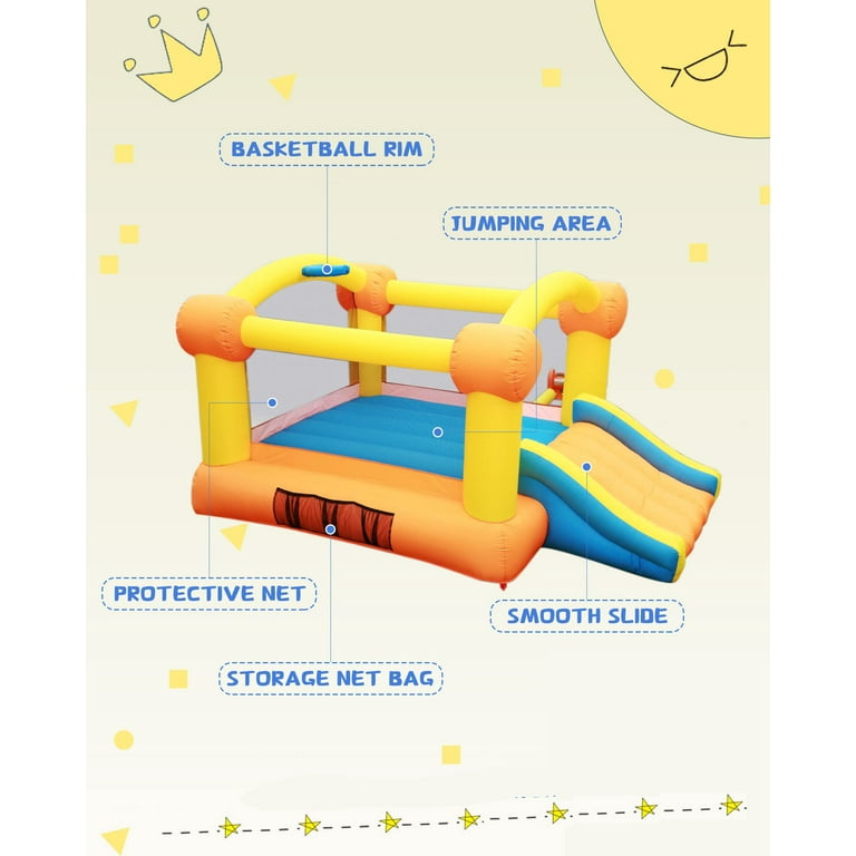 Entil 12ft(L)x9ft(W) Inflatable Bounce House with Blower, Big Slide, Basketball Hoop & Inflatable Basketball, Outdoor/Indoor for Kids